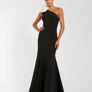Black Crepe One Shoulder Gown With Crystal Flower